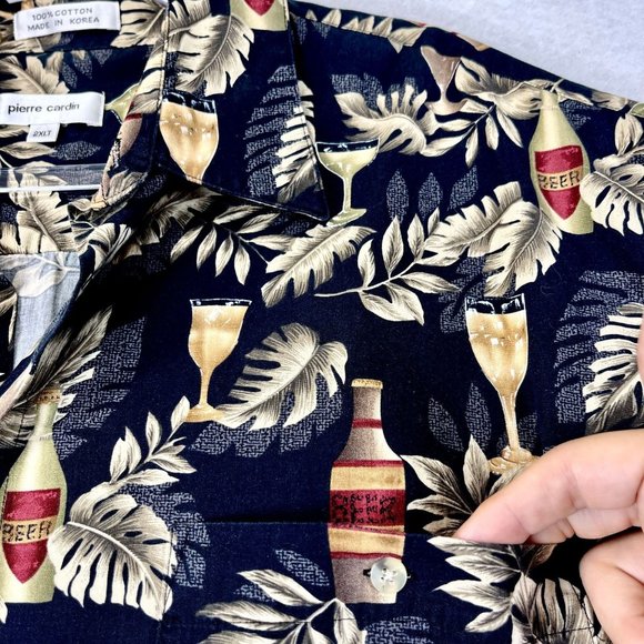 Vintage PIERRE CARDIN Men 2XL Tall Black Hawaiian Beer Wine Short Sleeve Shirt - Picture 1 of 12